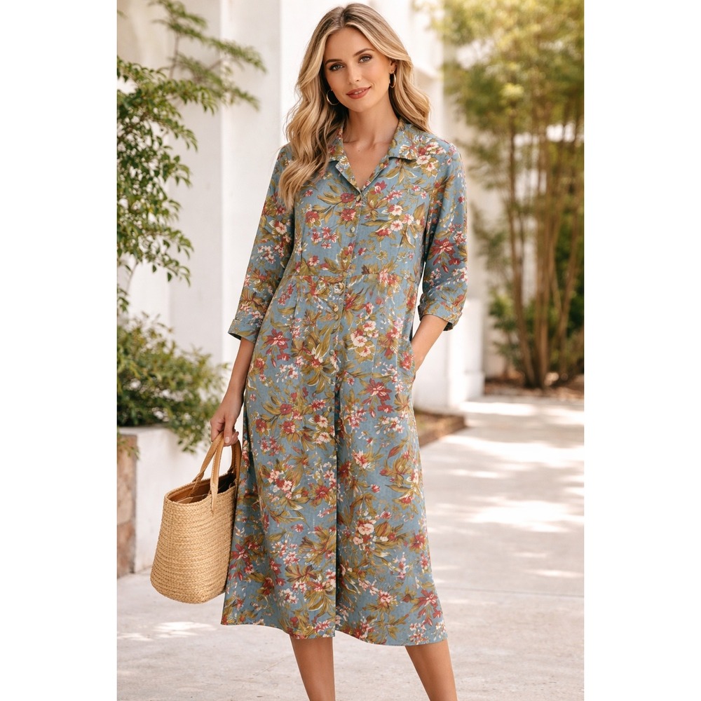 Keren Hart Womens XL‎ Blue Floral Corduroy Button Front Cottage Country Grandma